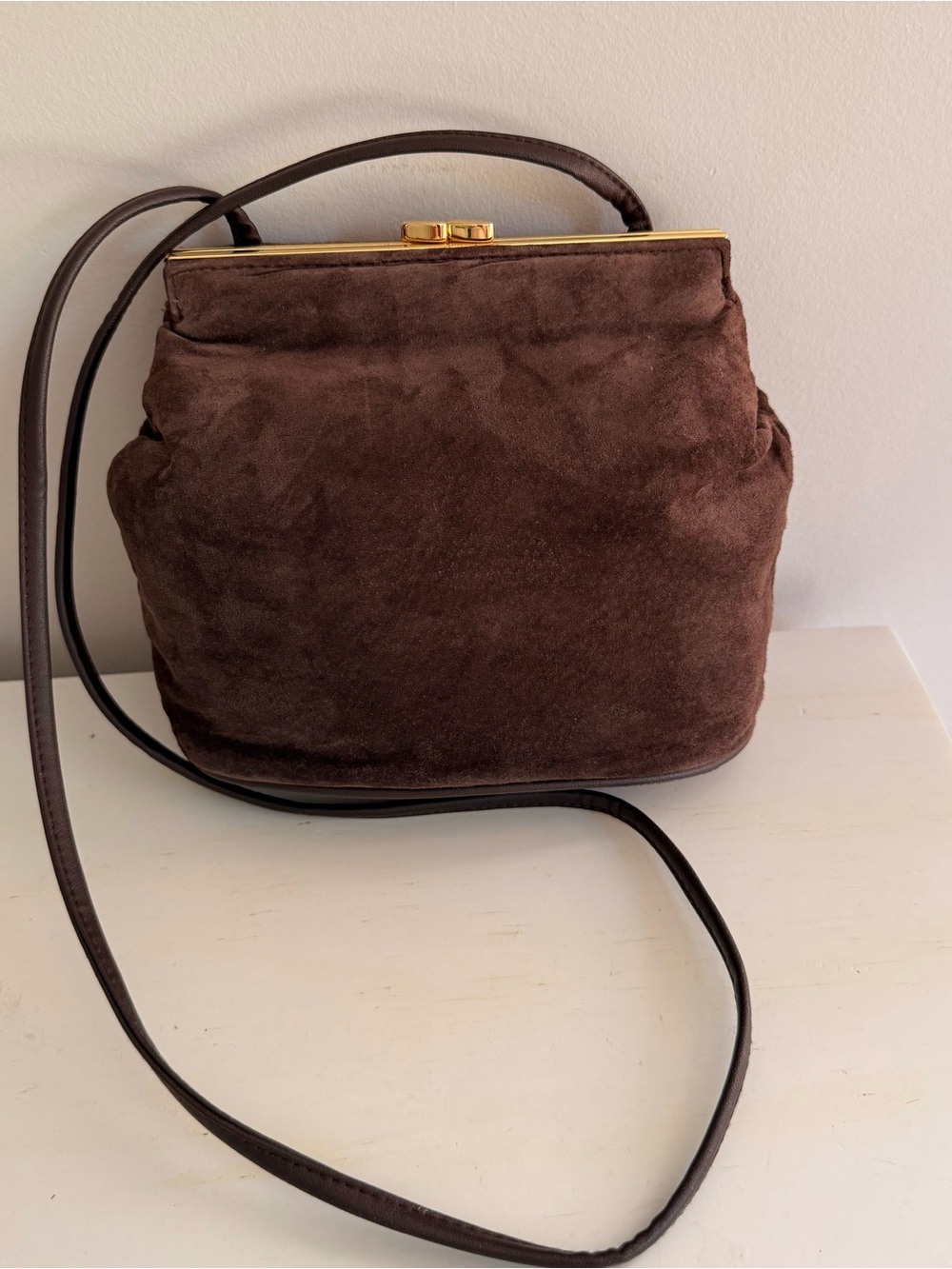 Brown Suede Crossbody Frame Bag with Gold Hardware